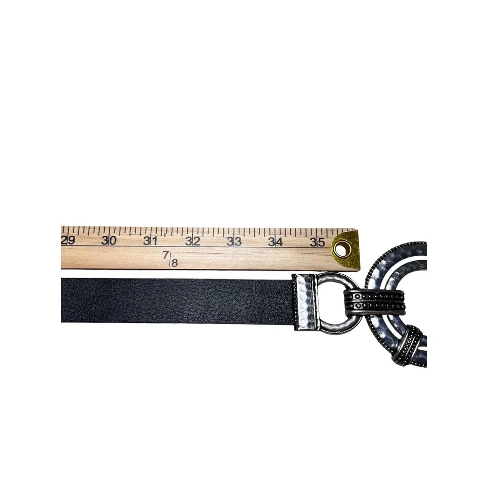 Chicos Black Genuine Leather Medallion Belt Silver Hammered Buckle AdjustableS/M